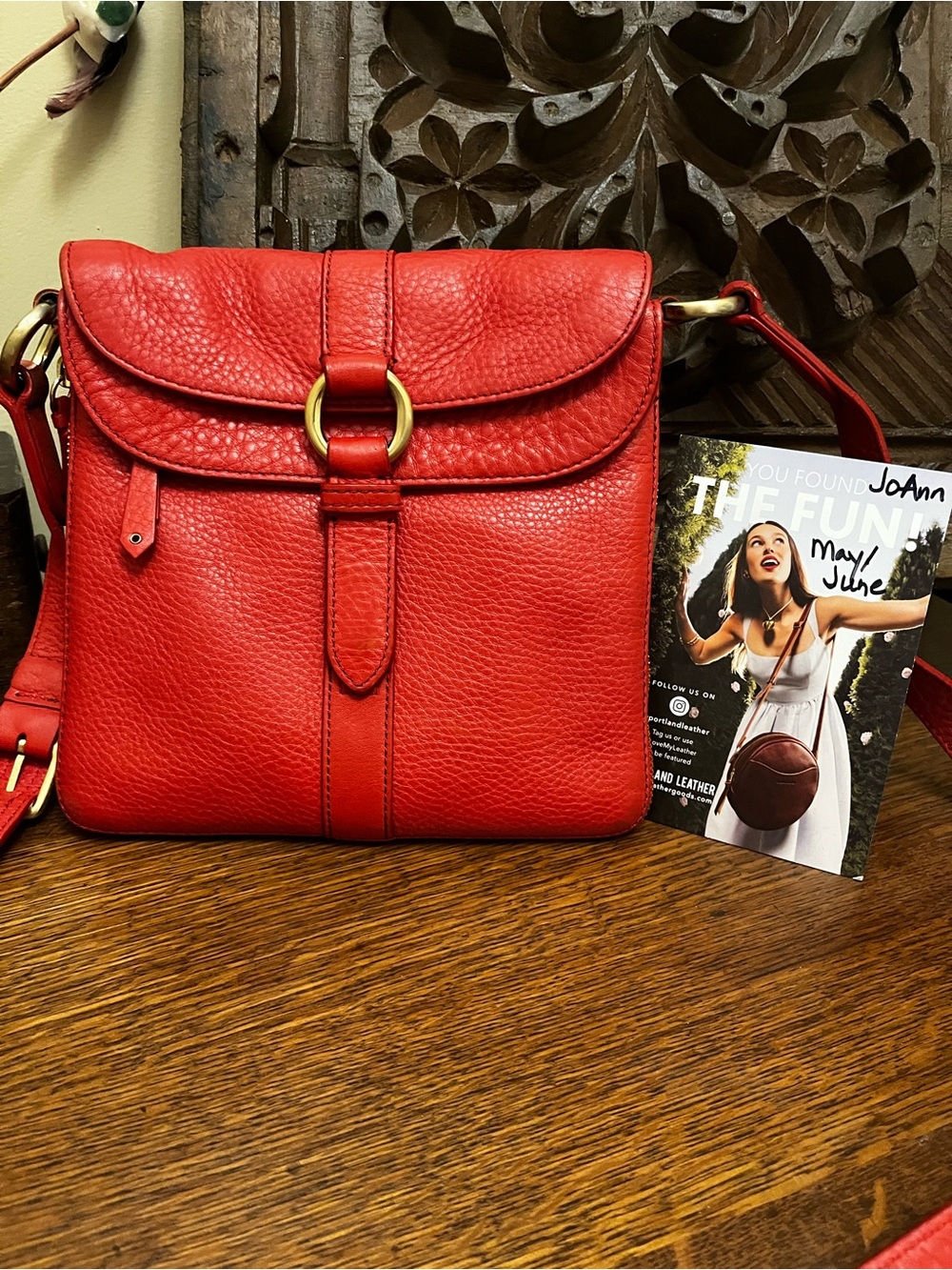 Cole Haan Red Pebbled Leather Crossbody with Gold Ring
